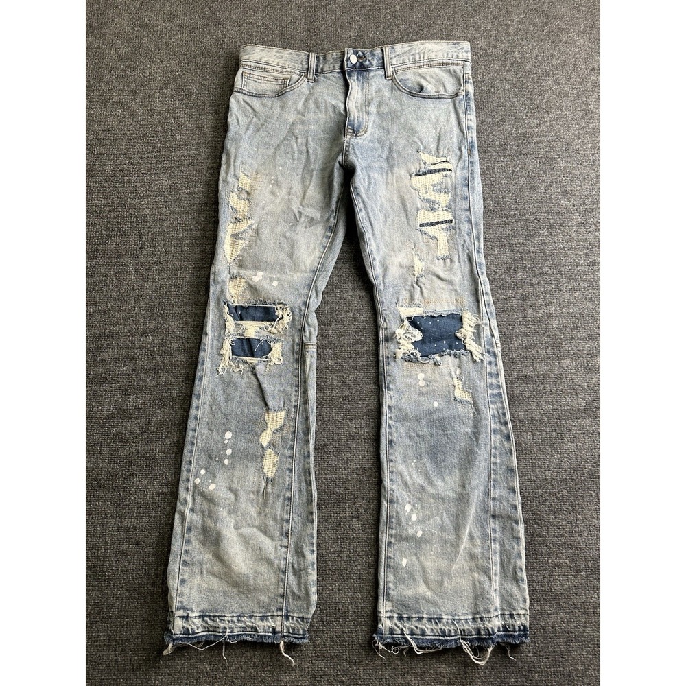 Mens First Row Distressed Paint Splatter Flare Jeans, Size 36x33